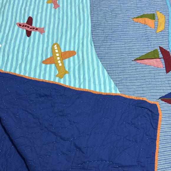 Vintage Company Kids Twin Size Quilt Trains Planes Dump Trucks Sail Boats Unique - Picture 7 of 10